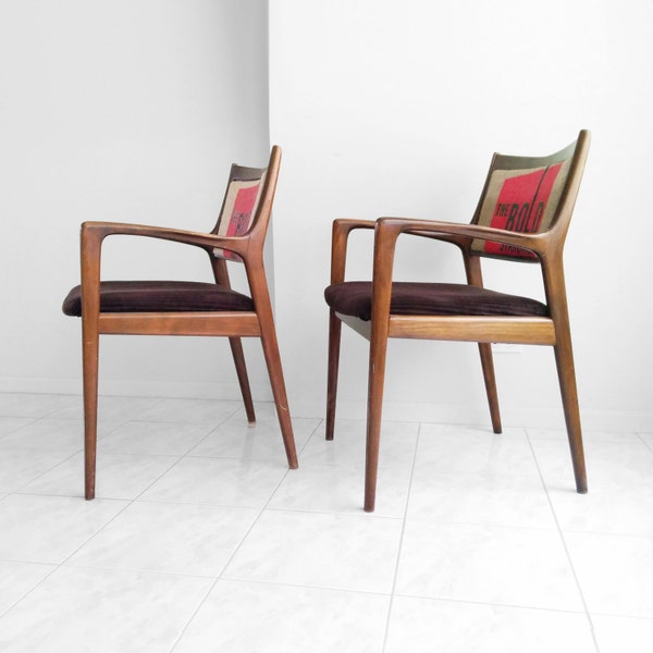2 mid century SCANDINAVIAN sculptural  walnut arm chairs signed