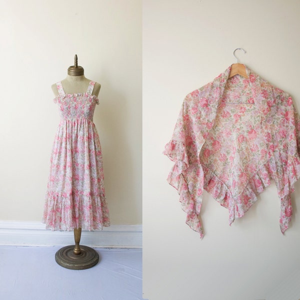 1970s vintage smocked floral SUNDRESS & SHAWL  sz S-M