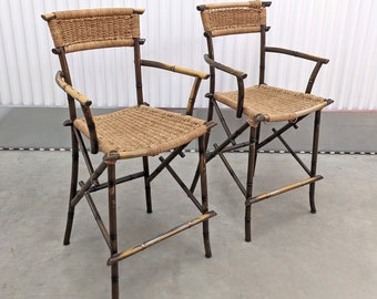 1990s Faux Bamboo Woven Rope Seat Bar Chairs
