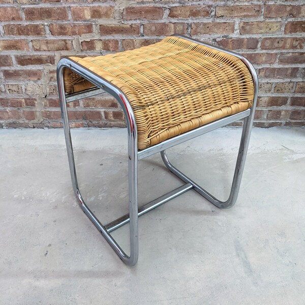 FREE SHIPPING Mid Century Modern Chrome & Rattan Counter Stool