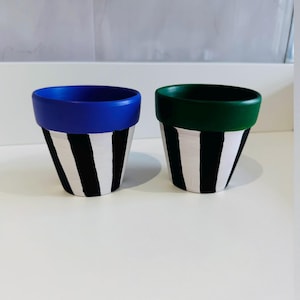 May include: Two small terracotta pots with black and white striped patterns. One pot has a blue rim and the other has a green rim.