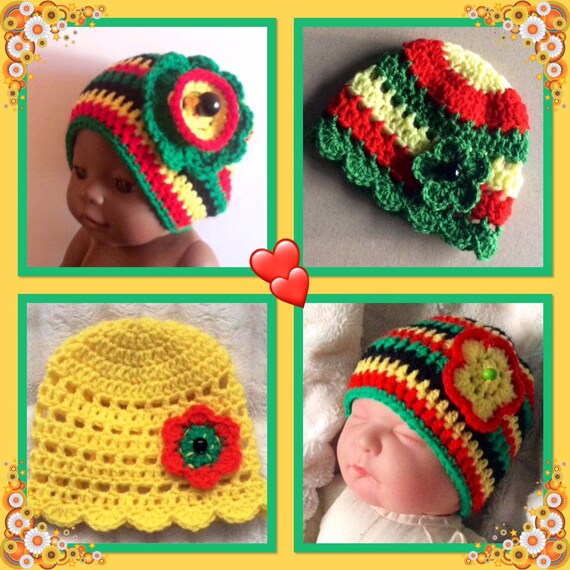 KnotJustKnitz Rasta Beanie Baby Hats, Unique Hand Knit Striped Wool Hats, Crochet Clothes, Multicoloured Skull Caps with 3D Floral Applique, *4 hats*