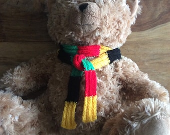 Crochet scarf Teddy bear clothes, Knitted Rasta 70s hippie style, Trendy Plushie accessories, Jamaican reggae Handmade Collectors gift.