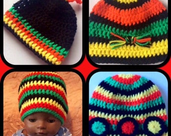 4 Rasta baby Hats Crochet Retro beanies,Unique hand knit 1970s hippie clothes,Handmade OOAK Jamaican baby shower gift,Newborn Boy gift.