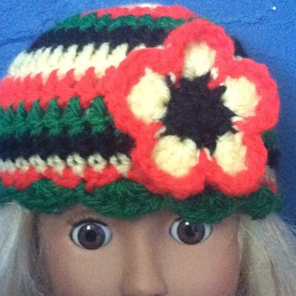Bonnet au crochet pour poupée de 18 pouces, vêtements reggae, accessoires tricotés, chapeau jamaïcain pour casquette de poupée de style années 1970, cadeau de collectionneur fait main