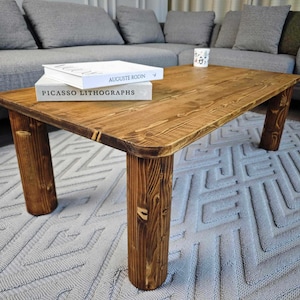 Rustic Rectangle Wooden Coffee Table | Solid Spruce Wood | Handcrafted | Round Leg Table | Farmhouse Coffee Table Scandinavian Style Decor