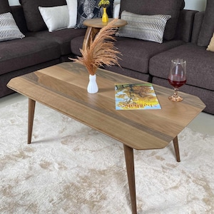 Natürlicher Nussbaum Furnier Couchtisch, Mid Century Modern Rechteck Tisch Passender C End / Beistelltisch, Moderner Mittel- & Beistelltisch Echtholz Optik