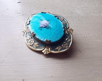 VINTAGE Guilloche BROSCHE Blau mit Rosenbild Oval verzierten Rahmen