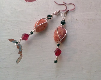 BEADED CORAL EARRINGS Drop Style Wire Wrapped