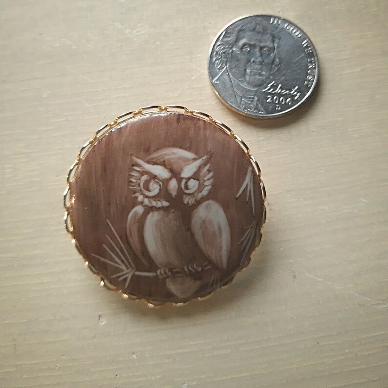 Op de afbeelding: Een gouden broche met een bruine achtergrond en een witte uil met bruine accenten. De uil zit op een tak met bladeren.