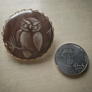 Op de afbeelding: Een cameo broche met een gedetailleerde gravure van een uil in wit op een bruine achtergrond. De uil zit op een tak met bladeren. De cameo is gezet in een goudkleurig metalen frame.