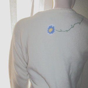 WHITE CARDIGAN SWEATER Button Front in Wool with Vintage Lace and Hand Embroidery in a Dragon Design