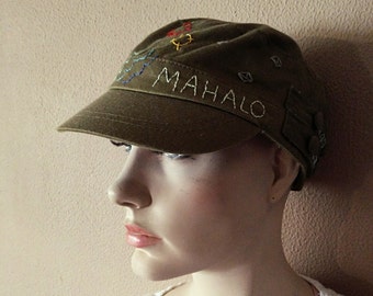 MILITARY STYLE CAP Green Hand Embroidered Mahalo Design