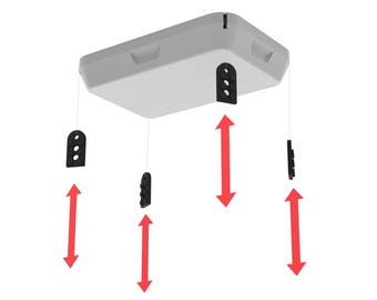 May include: A rectangular light gray ceiling-mounted storage unit featuring four black adjustable mounting brackets suspended by thin wires. Each bracket is accompanied by a red vertical arrow indicating the potential for height adjustment.