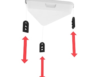 May include: A white triangular ceiling-mounted housing unit featuring three thin retractable cords. Each cord is attached to a black, rounded rectangular plastic tab with three circular holes. Three red double-headed arrows indicate vertical movement.