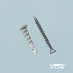 May include: Two screws, one silver and one white, are shown against a light blue background. The text "HARDWARE INCLUDED" is printed below the screws.