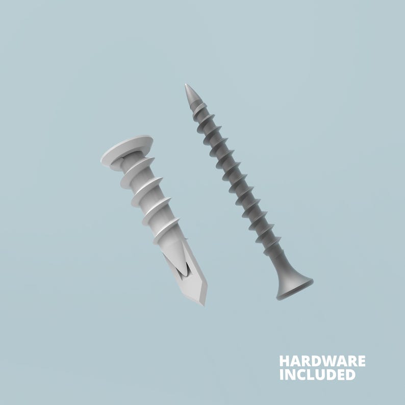 May include: Two screws, one silver and one white, are shown against a light blue background. The text "HARDWARE INCLUDED" is printed below the screws.