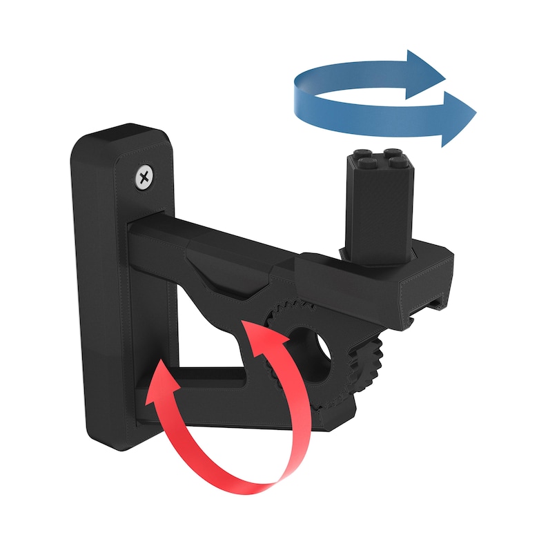 May include: Black wall mount with a swivel arm for a speaker. The arm can rotate 360 degrees and tilt up and down.