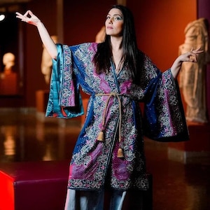 Boho Turqouise Sequinned Jacket, Beaded Long Ethnic Kimono, Festival Coat, Rave coat women, Caftan for women, Turquise Caftan