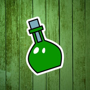 May include: A green glass bottle with a cork stopper. The bottle is outlined in black and has a white background.