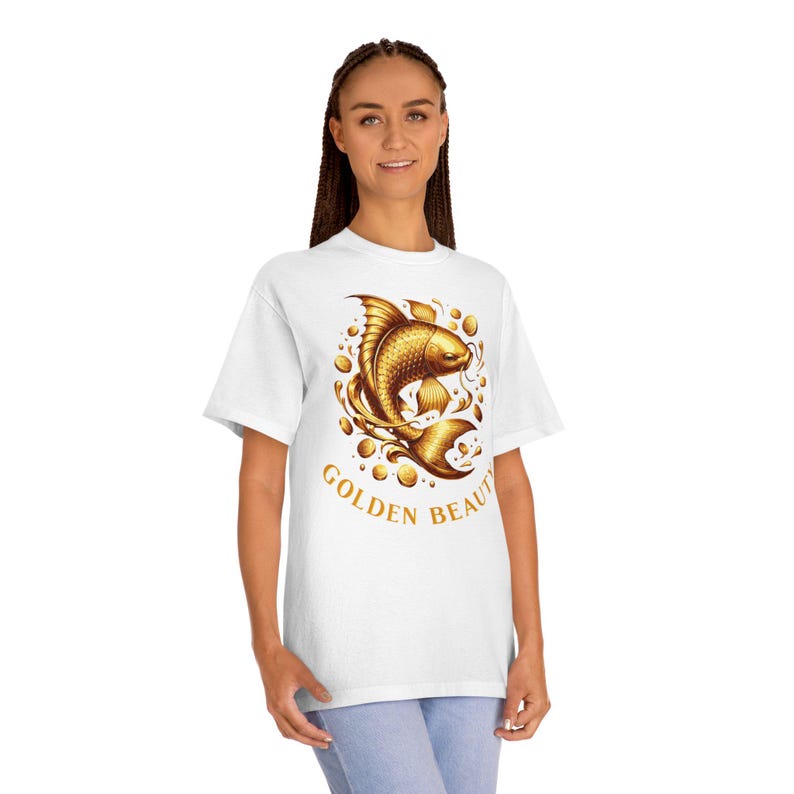Golden Beauty Koi Fish Unisex Classic Tee, Aesthetic Shirt, Gift for Aquatic Lovers, Relaxed Fit Top, Vibrant Graphic Tee White