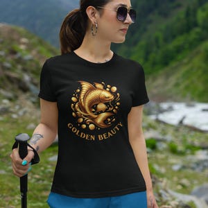 Golden Beauty Koi Fish Unisex Classic Tee, Aesthetic Shirt, Gift for Aquatic Lovers, Relaxed Fit Top, Vibrant Graphic Tee Black