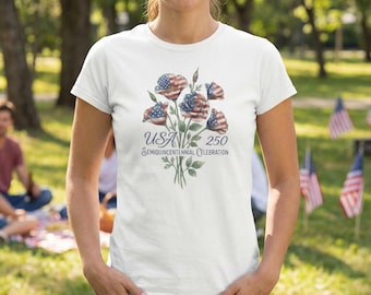 Amerika 250-jähriges Jubiläum Shirt Frauen Aquarell Vateristische Blumen Womens Vaterländische Blumen Top Vintage Aquarell Flagge Motivations-T-Shirt