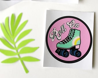Roll On Vinyl Roller skate Sticker / retro roller skate sticker / hot pink & green roller skate /  free shipping