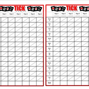 May include: A black and white printable scorecard for the card game "Tick" with a red border and the title "Tick" in red. The scorecard has columns for six players and rows for different card values, including threes, fours, fives, sixes, sevens, eights, nines, tens, jacks, queens, kings, aces, and twos. There is a space for a total score at the bottom of each column.