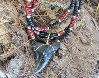 Fossil Shark Tooth on Black Beaded Necklace Snaggletooth Fossilized Unisex