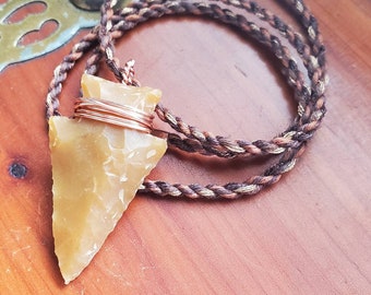 Tan Arrowhead Pendant on Hand Twisted Cord Necklace Wire Wrapped Brass Brown Spearhead Unisex