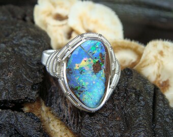 Authentic Polished Australian Boulder Opal Silver Ring Wirewrapped OOAK