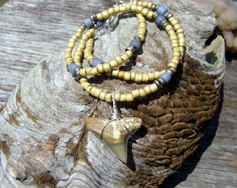 Florida Fossilized Bull Shark Tooth Pendant with African Metal and Indonesian Glass Beads Necklace Unisex