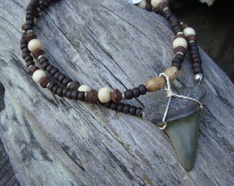 Authentic Florida Mako Fossil Shark Tooth Pendant with Polished Bone and Vintage Glass Beads OOAK