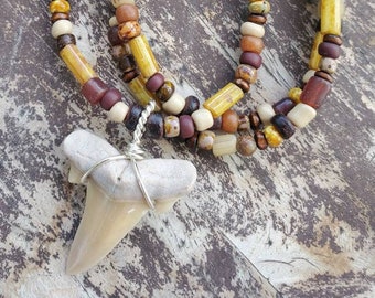 Wire Wrapped Fossil Shark Tooth Necklace with Glass Beads