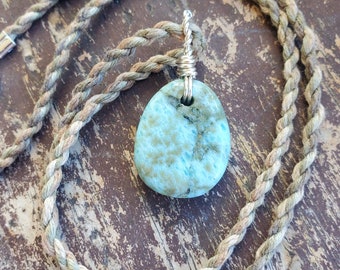 Dominican Republic Polished Larimar Pendant on Hand Waxed Hemp Cord Necklace