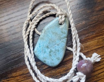 Dominican Republic Polished Larimar Pendant on Waxed Hemp Cord Necklace Adjustable