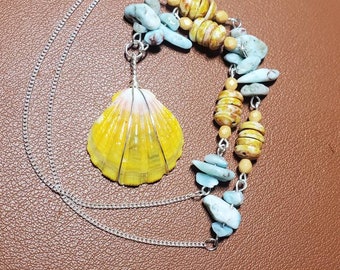 Authentic Hawaiian Sunrise Shell  Larimar and Czech Glass Wire Wrapped Necklace Silver Plated Copper OOAK #012