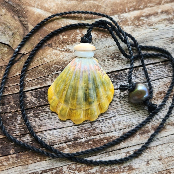 Authentic Hawaiian Sunrise Shell and Natural Puka Shells on Hand Waxed and Twisted Black Cotton Cord Necklace Adjustable