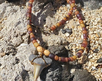 Fossil Mako Shark Tooth on Brown Beaded Necklace