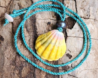 Authentic Hawaiian Sunrise Shell with Black Freshwater Pearl on Blue Hand Waxed and Twisted Cord Necklace