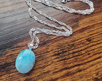 Dominican Republic Polished Larimar Pendant With Sterling Silver Bail on Silver Plated Necklace