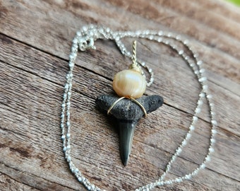 Fossilized Lemon Shark Tooth with Pink Cultivated Pearl on Sterling Silver Necklace Fossil Wire Wrapped