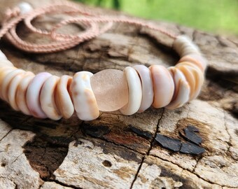 Hawaiian Puka Shells and Pink Vintage Glass Bead on Light Pink Waxed and Hand Twisted Cord Necklace Unisex Adjustable