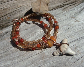 Authentic Florida Fossil Shark Tooth Pendant with Carnelian Agate Czech Glass and Copper Beads OOAK