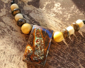 Authentic Polished Australian Boulder Opal on Black Leather Cord Necklace OOAK Unisex