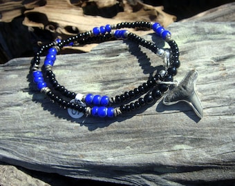 Florida Fossil Shark Tooth Pendant with Royal Blue White Heart Glass Beads and African Metal Unisex OOAK