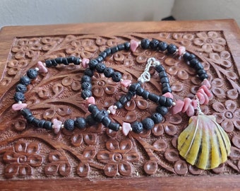 Large Authentic Hawaiian Sunrise Shell on Black Lava Stone  Rhodonite and Glass Beaded Necklace Unisex OOAK