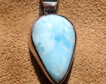 Polished Teardrop Larimar and Sterling Silver Pendant OOAK