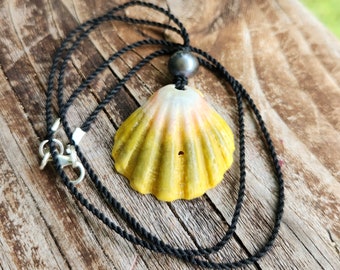 Authentic Hawaiian Sunrise Shell and Black Freshwater Pearl on Hand Waxed and Twisted Black Cotton Cord Necklace Unisex